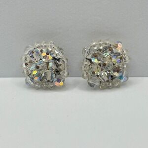 Vintage Aurora Borealis Crystal Clip On Earrings Cocktail Party Statement